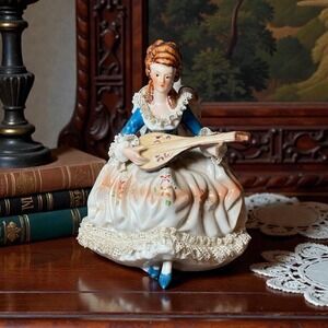 antique‎ German porcelain figurine lady Playing Musical Instrument Mandolin VTG